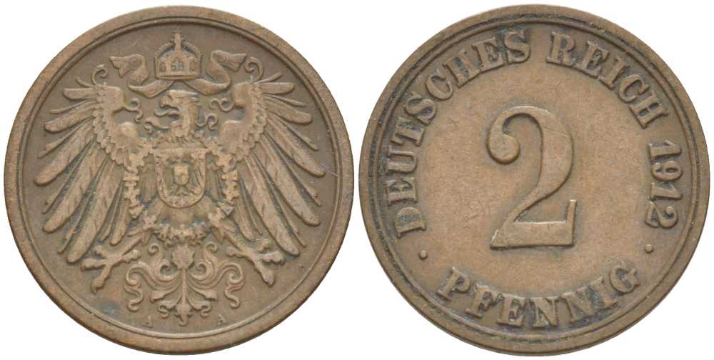 Германия 2 пфеннига 1912 A KM 16, J. 11, Weege 4 медь 212-413