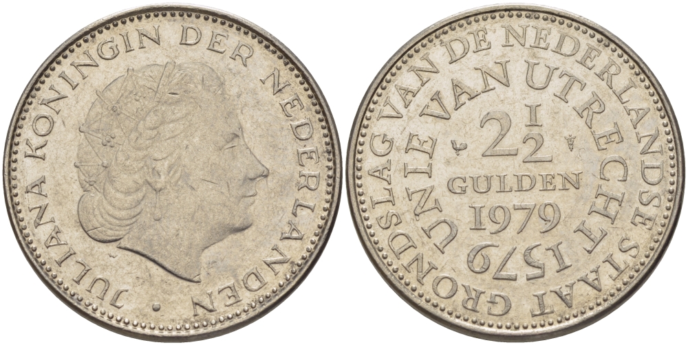Нидерланды 2 1/2 гульдена 1979 400 лет Утрехтскому союзу, Юлиана (1949-1980) KM 197 никель 82-1236