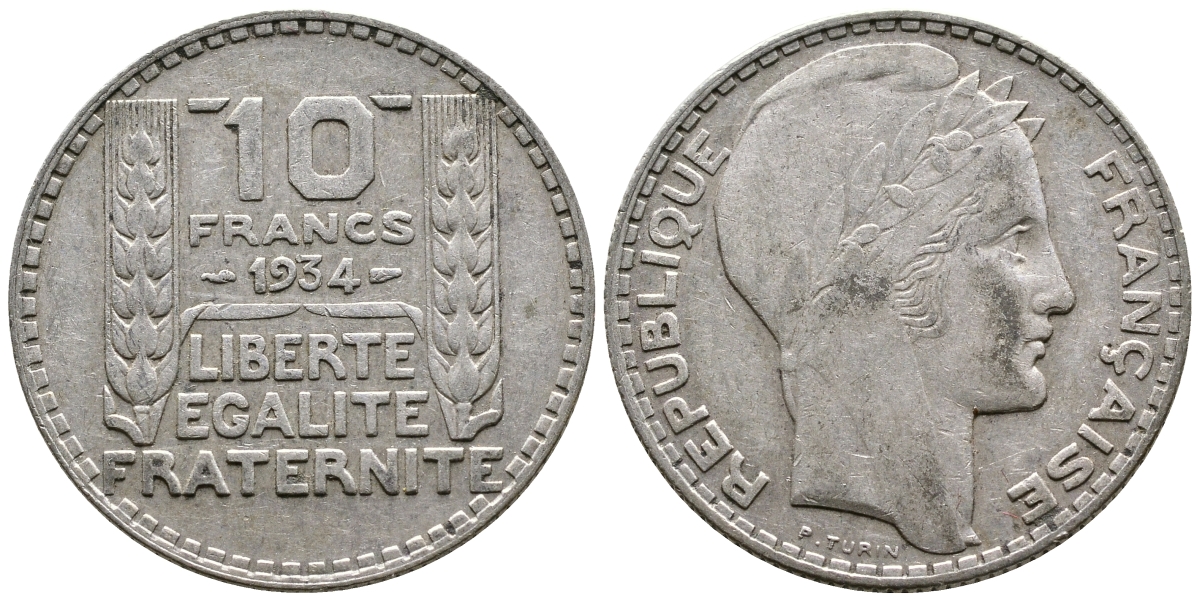 Франция 10 франков 1931 Пьер Тюрен KM 878, Le Franc 360.4 серебро 79-1424