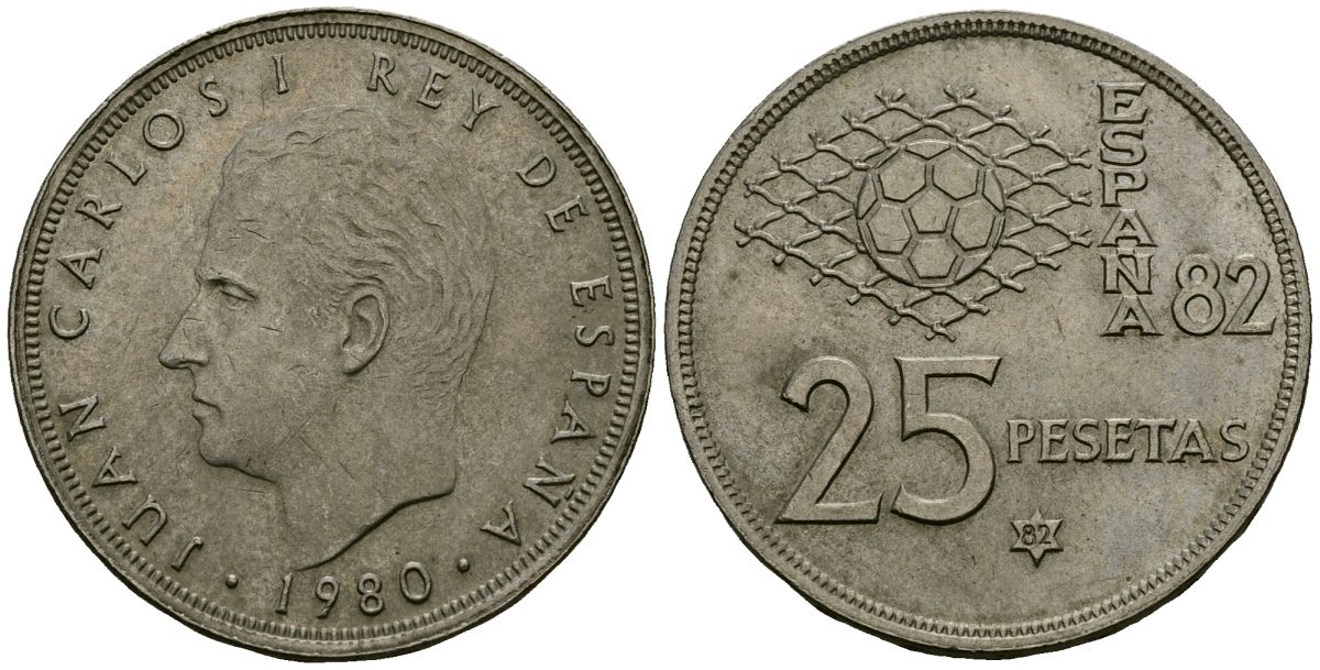 Испания 25 песет 1980 (82) Чемпионат мира по футболу в Испании 1982, Король Хуан Карлос I (1975 - 2014) KM 818 медно-никель 4137-111