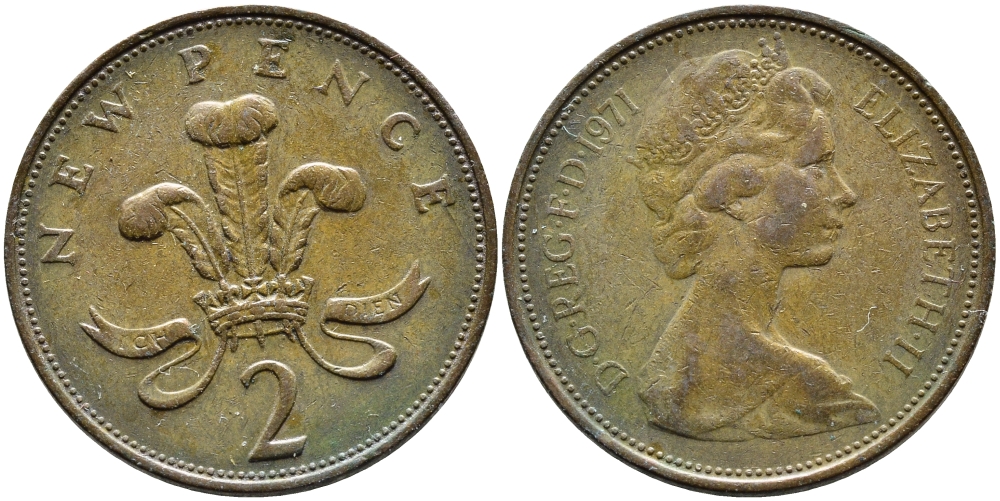 Великобритания 2 пенса 1971 Елизавета II (1952-2022) KM 916, Spink 4235 (C1) бронза 4393-256