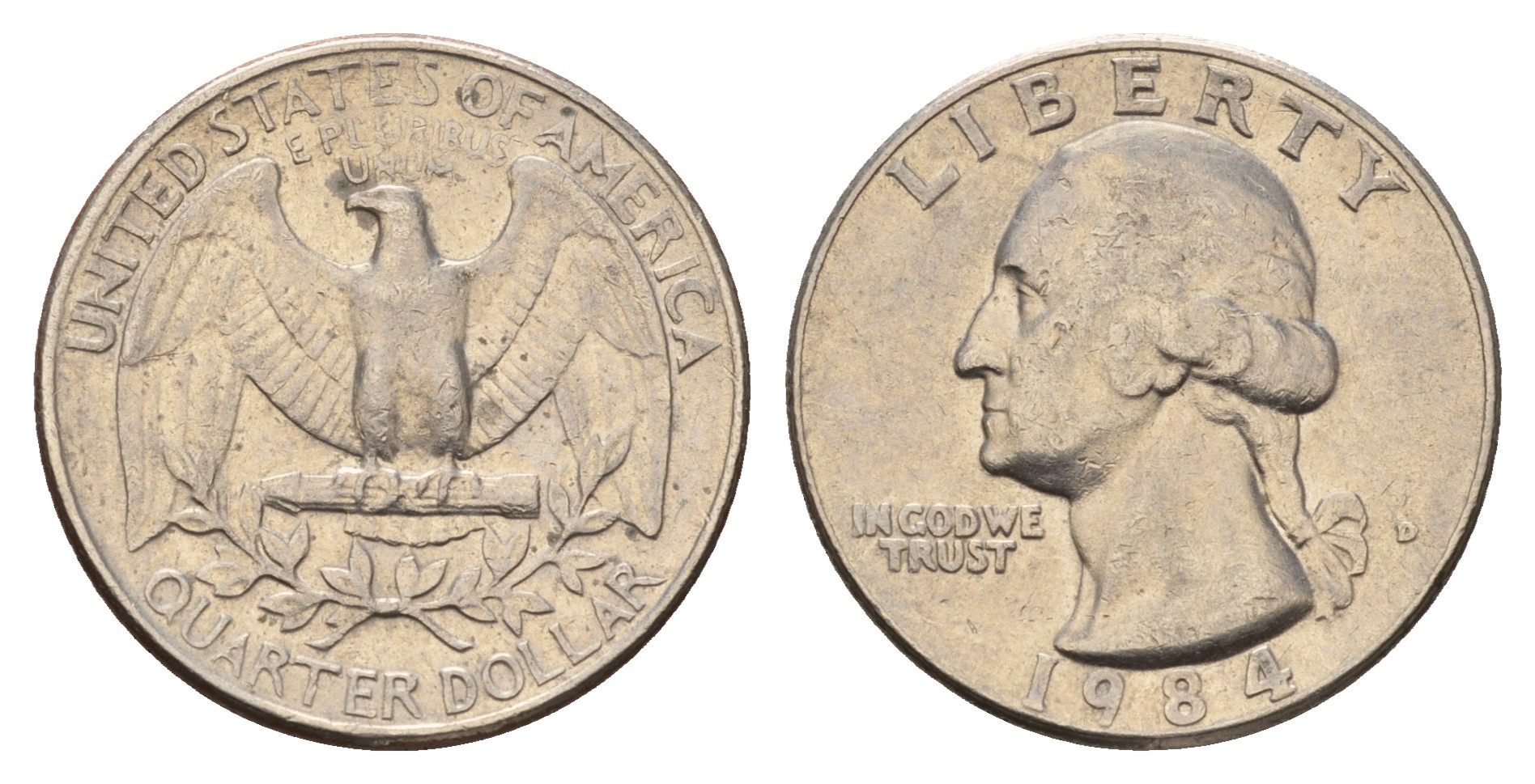 США 25 центов (квотер) 1984 D, Вашингтон KM А164а медь плакированная медно-никелем 4681-451