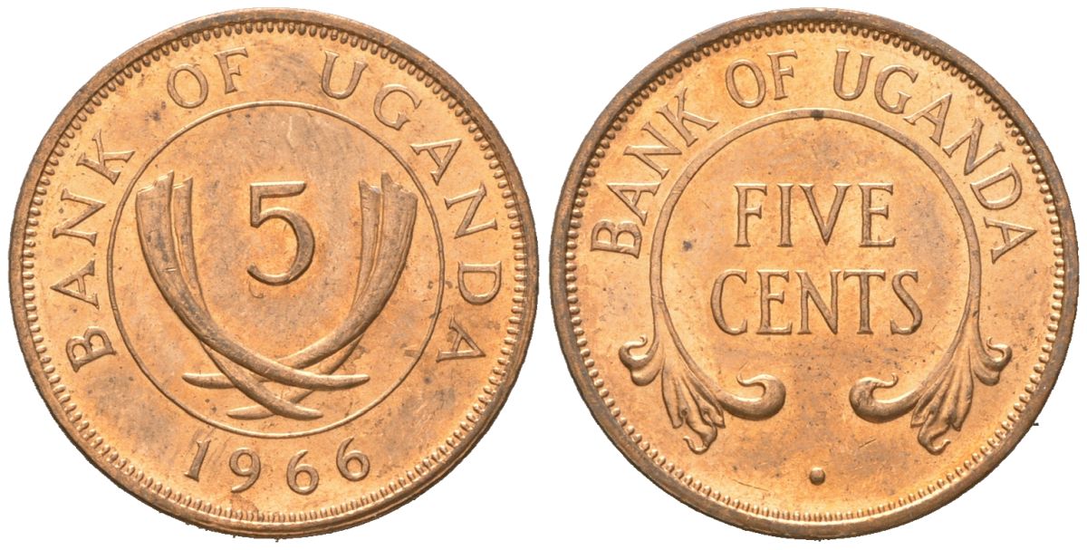 Уганда 5 центов 1966 KM 1 бронза aUNC 4609-1158