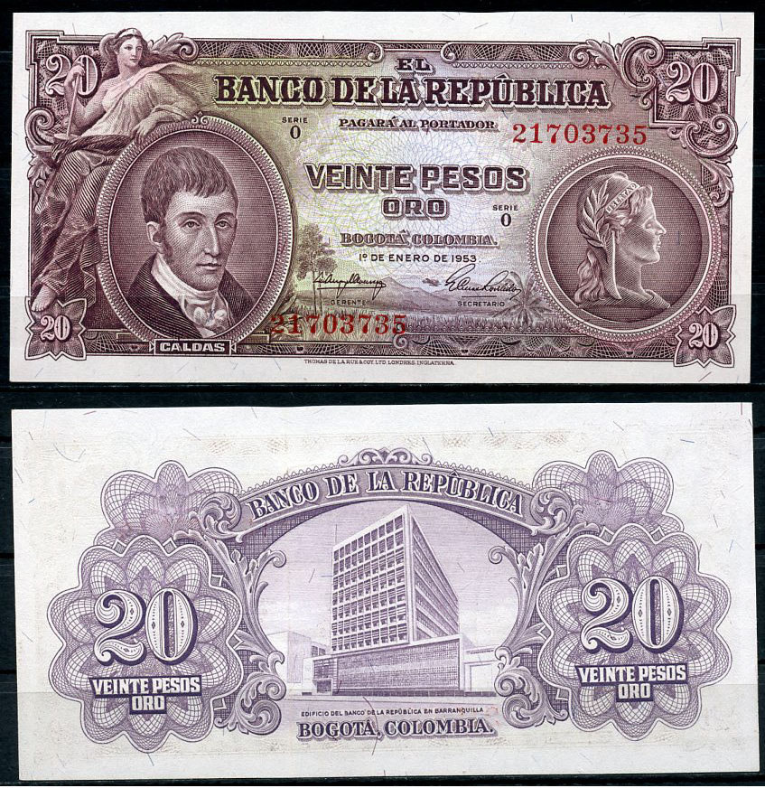 Колумбия 20 песо 1953 Франсиско Хосе де Кальдас, здание Центрального банка Pick 401 a  бумага  UNC (пресс) 00-00