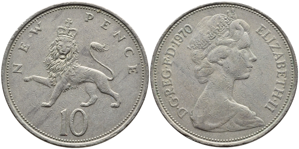 Великобритания 10 пенсов 1970 Елизавета II (1952-2022) KM 912, Spink 4231 (F1) медно-никель 4389-845