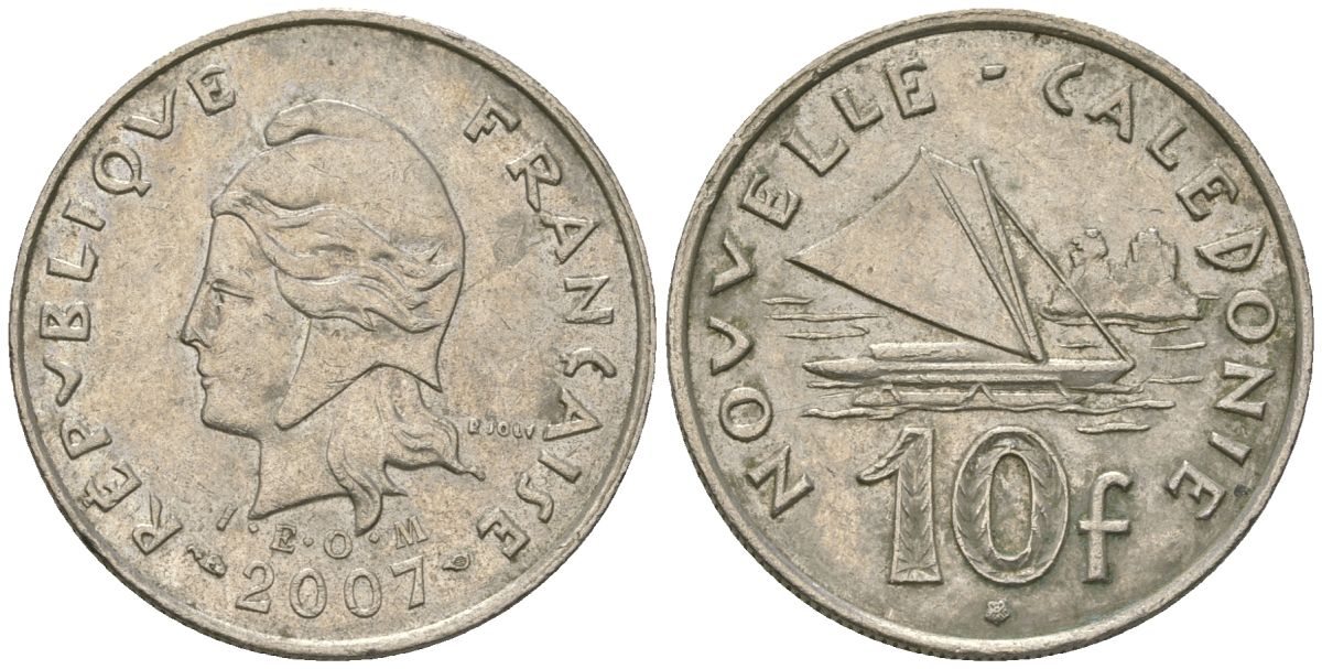 Французская Новая Каледония 10 франков 2007 рыбачья парусная лодка, (IEOM) KM 11a, Schoen 13a, Lec 99k медно-никель 56-934