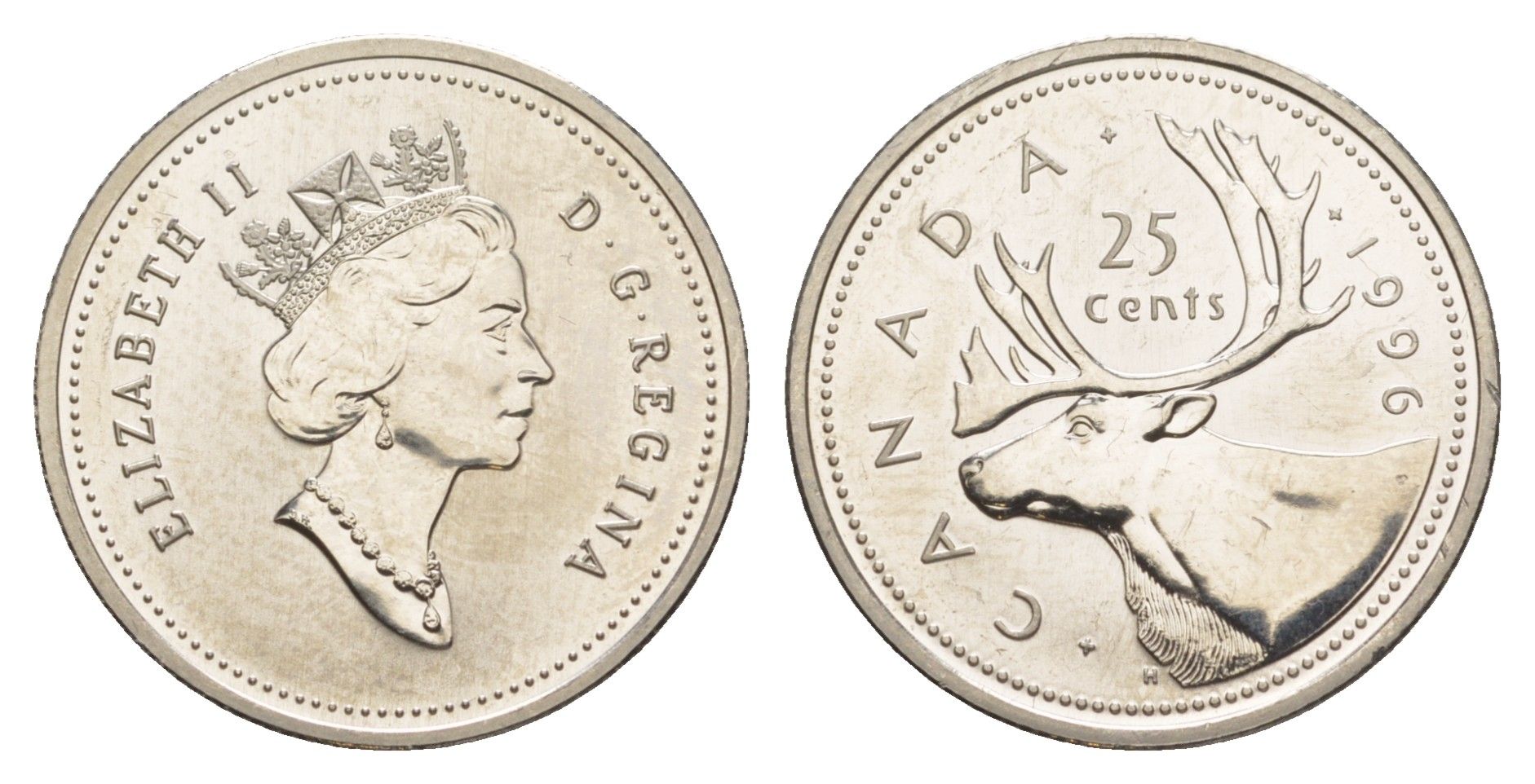 Канада 25 центов 1996 Елизавета II (1952-2022), олень, specimen KM 184 никель BU 4638-544
