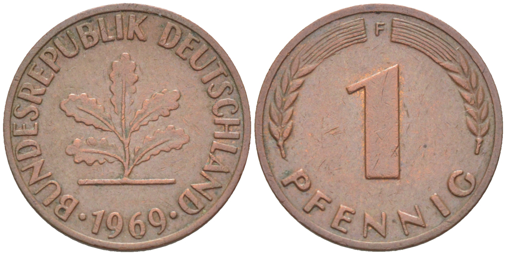 ФРГ 1 ПФЕННИГ 1969 F KM 105, J. 380 сталь плакированная медью 4181-549