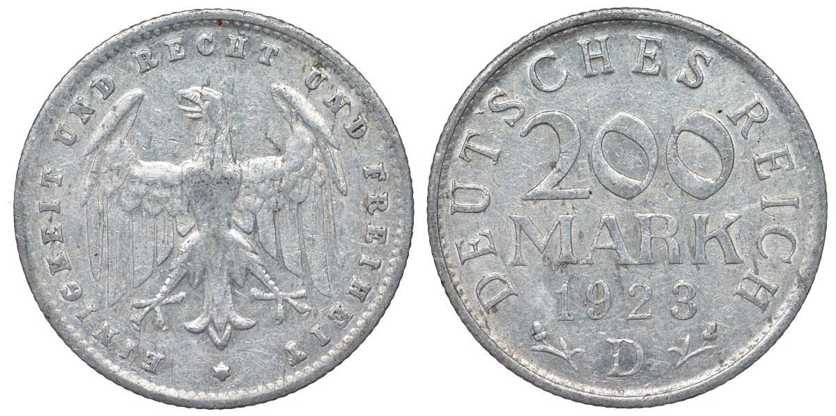 Германия 200 марок 1923 D KM 35, J. 304, Weege 22 алюминий 4121-234