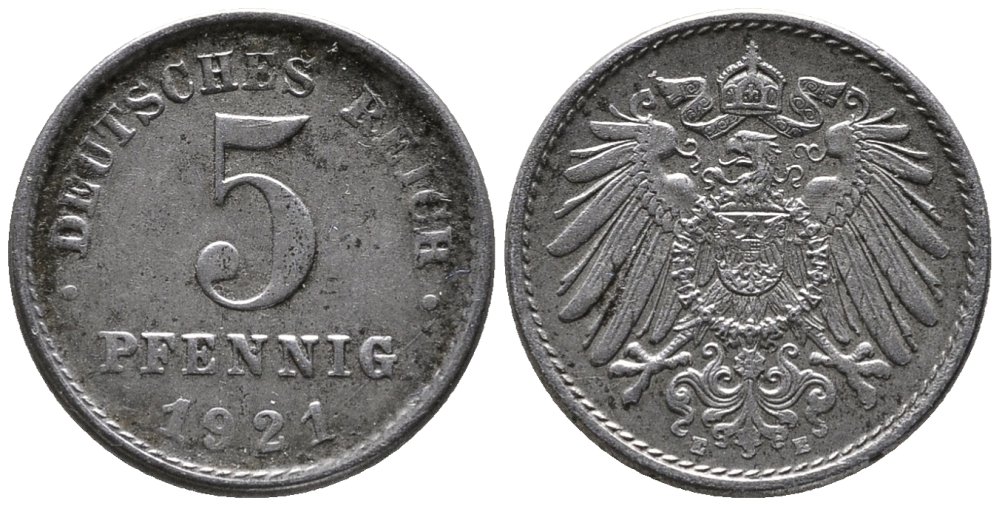 ГЕРМАНИЯ 5 ПФЕННИГОВ 1921 E KM 19, J. 297 железо 39-266