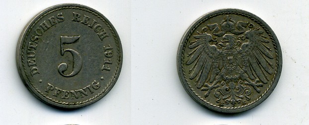 Германия 5 пфеннигов 1911 E KM 11, Jager 12, Weege 6 медно-никель 25-1421