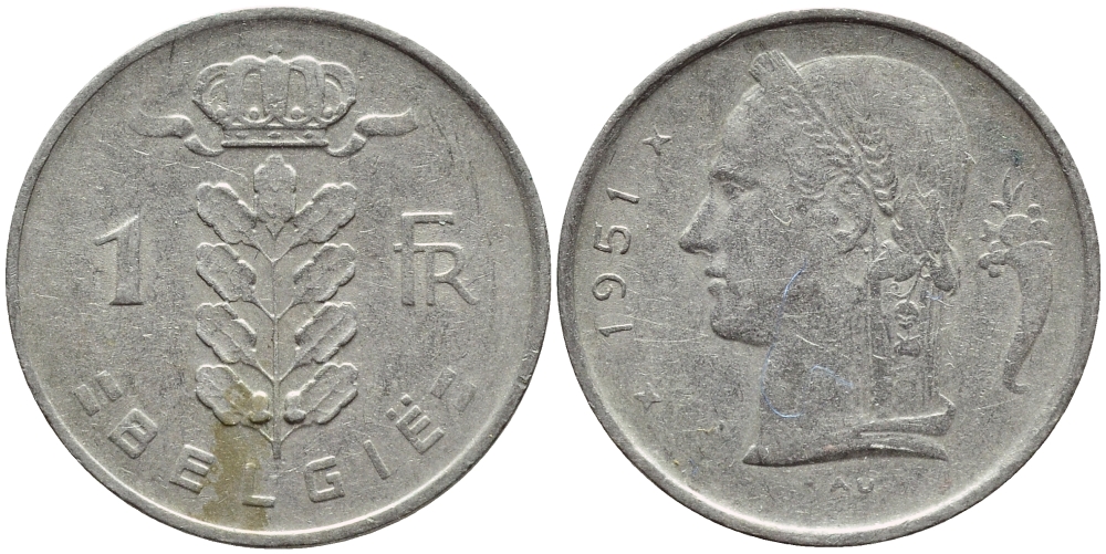 БЕЛЬГИЯ 1 ФРАНК 1951 BELGIE KM 143.1 медно-никель 4395-453