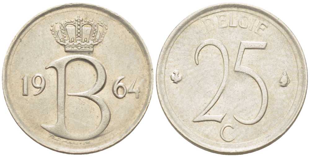 Бельгия 25 сантимов 1964 Belgie, Бодуэн I (1951-1993) KM 154.1 медно-никель 214-141