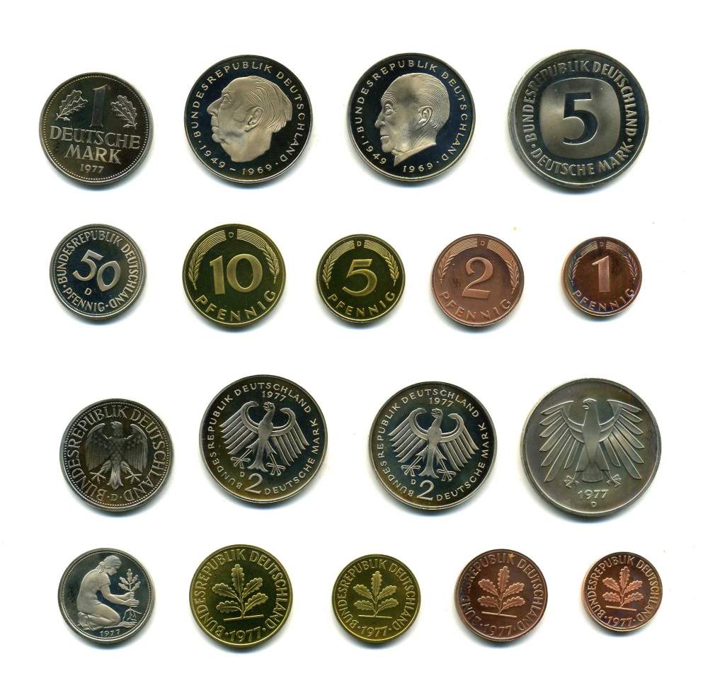 ФРГ набор из 9 монет 1977 D (1, 2, 5, 10, 50 пфеннигов, 1, 2, 2, 5 марок) PROOF N5-22