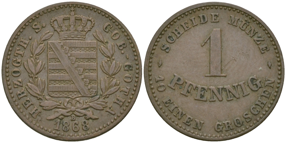 Саксен-Кобург и Гота 1 пфенниг 1868 B KM 109b медь 99-737
