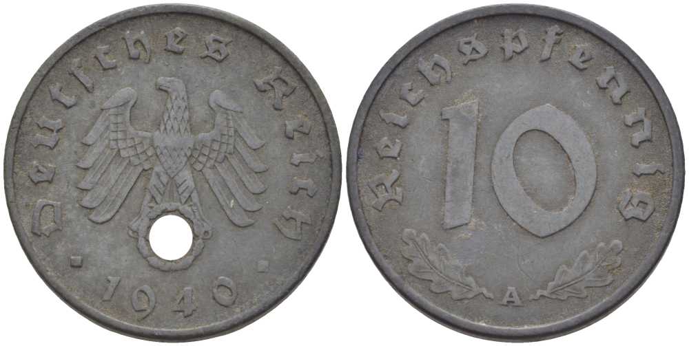 ГЕРМАНИЯ 10 РЕЙХСПФЕННИГОВ 1940 A KM 101, J. 371 цинк 212-814