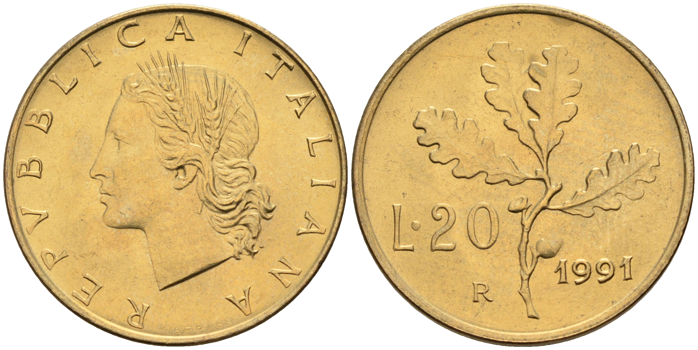 Италия 20 лир 1991 R, дубовый лист KM 97.2 алюминиевая бронза  UNC  4594-829