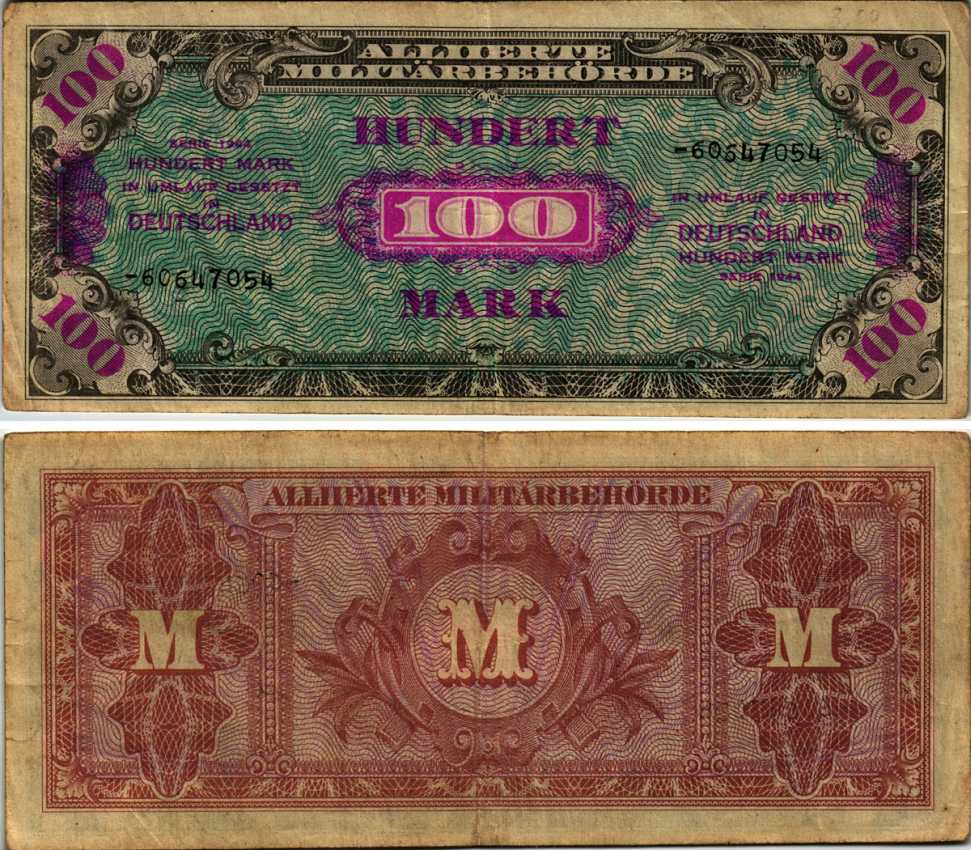 ГЕРМАНИЯ 100 МАРОК 1944 ВОСЕМЬ ЦИФР В НОМЕРЕ СЕРИИ, F, ВТОРАЯ МИРОАЯ ВОЙНА ОККУПАЦИЯ ГЕРМАНИИ Pick 197с бумага 7183-34-1-1