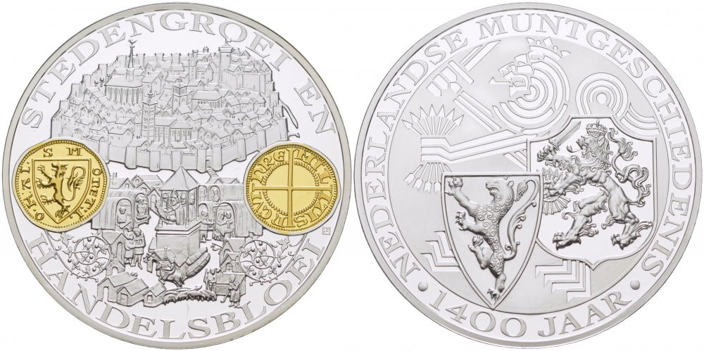 НИДЕРЛАНДЫ МЕДАЛЬ 1400 ЛЕТ НИДЕРЛАНДСКОМУ МОНЕТНОМУ ДЕЛУ , СРЕДНЕВЕКОВЬЕ, ГОРОДСКИЕ МОНЕТЫ серебро позолота PROOF 04-315-31