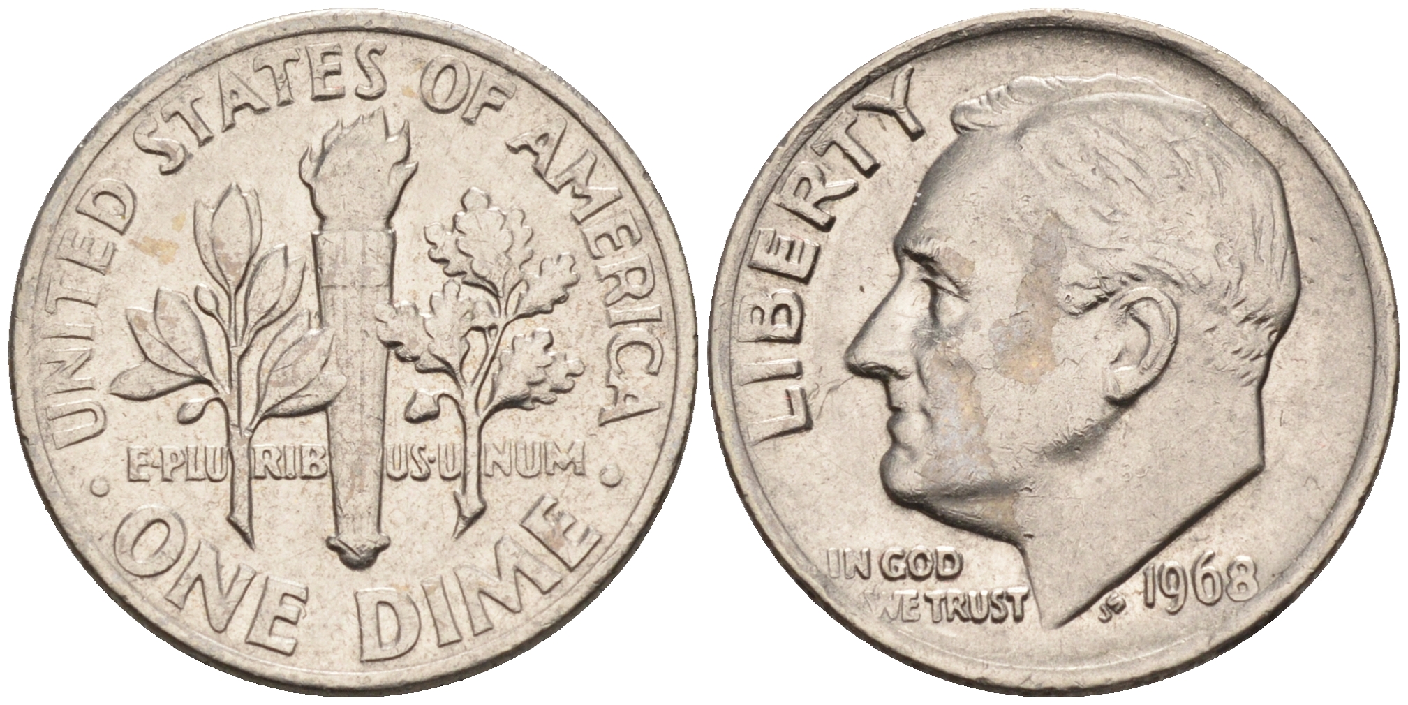 США 10 центов = дайм 1968 Рузвельт KM 195а медь плакированная медно-никелем    4115-352