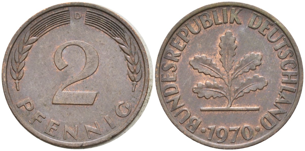 ФРГ 2 пфеннига 1970 D KM 106a, J.381 сталь плакированная медью 4174-627