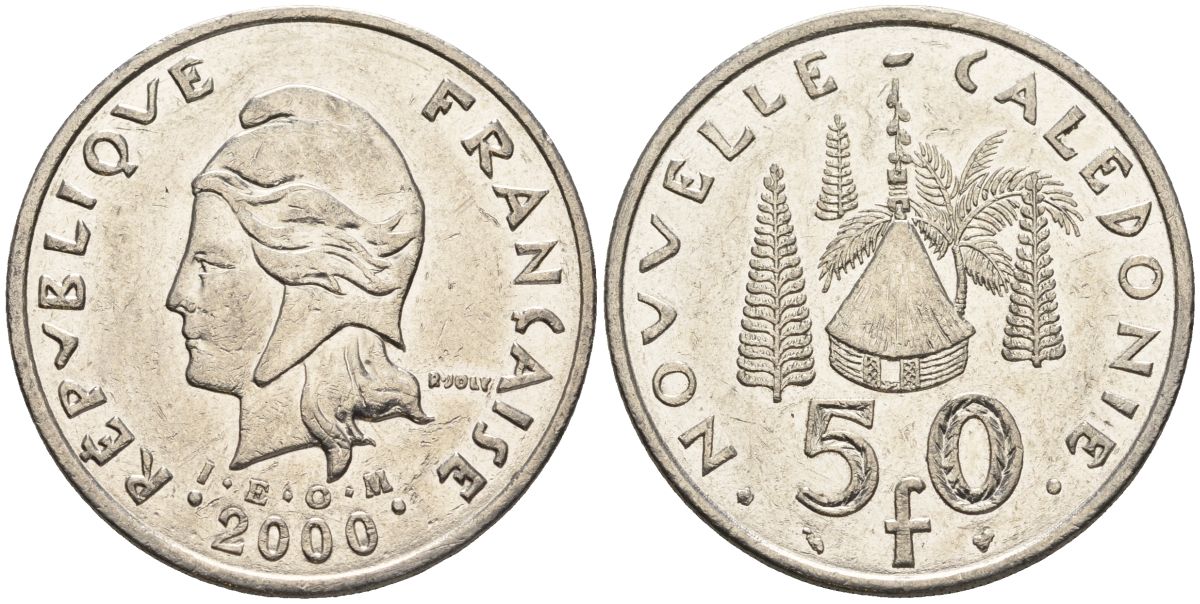 Французская Новая Каледония 50 франков 2000 хижина среди сосен и пальм, (IEOM) KM 13, Schoen 15, Lec 121 никель 4123-846