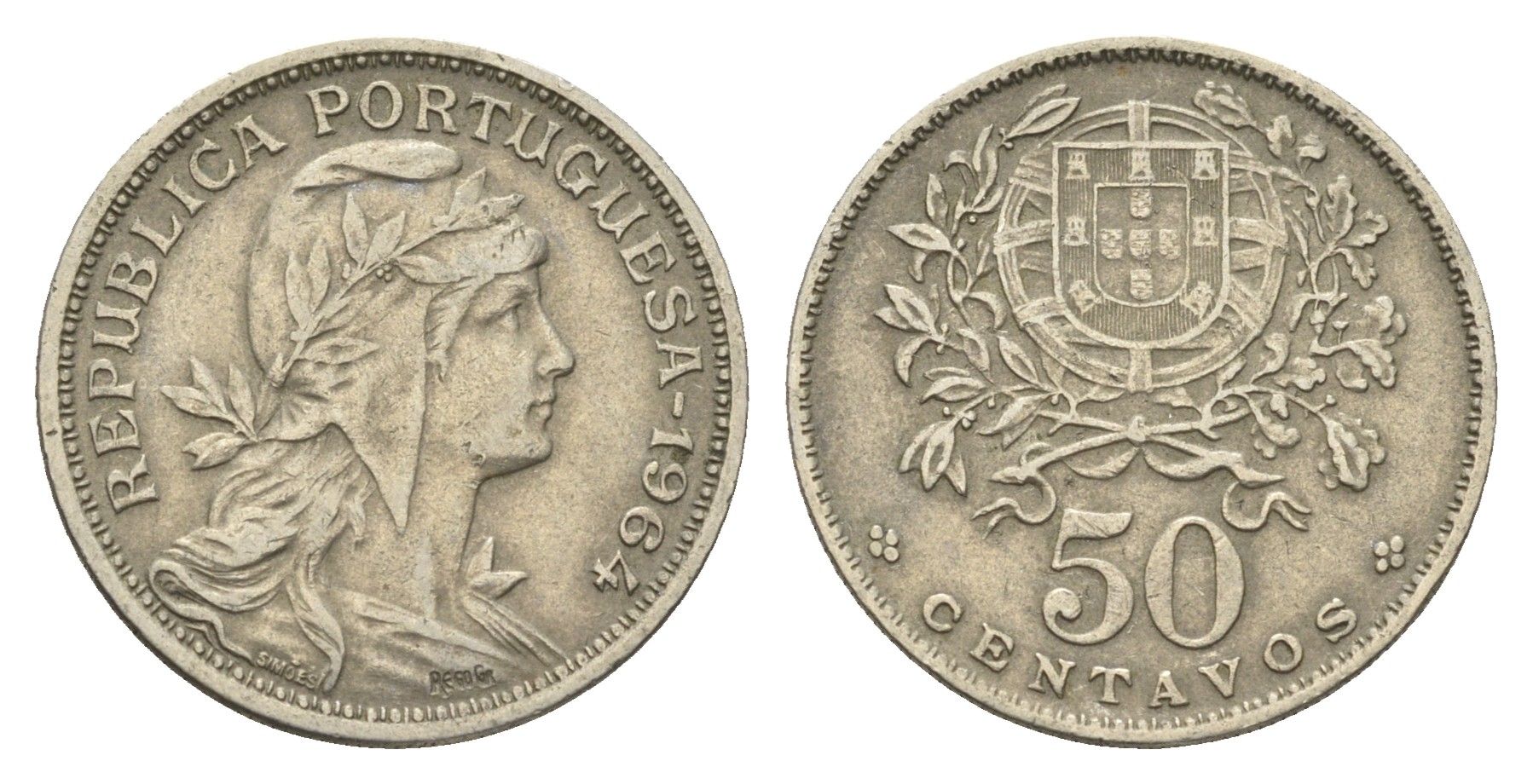 Португалия 50 сентаво 1964 голова Свободы вправо KM 577 никель латунь 4659-645