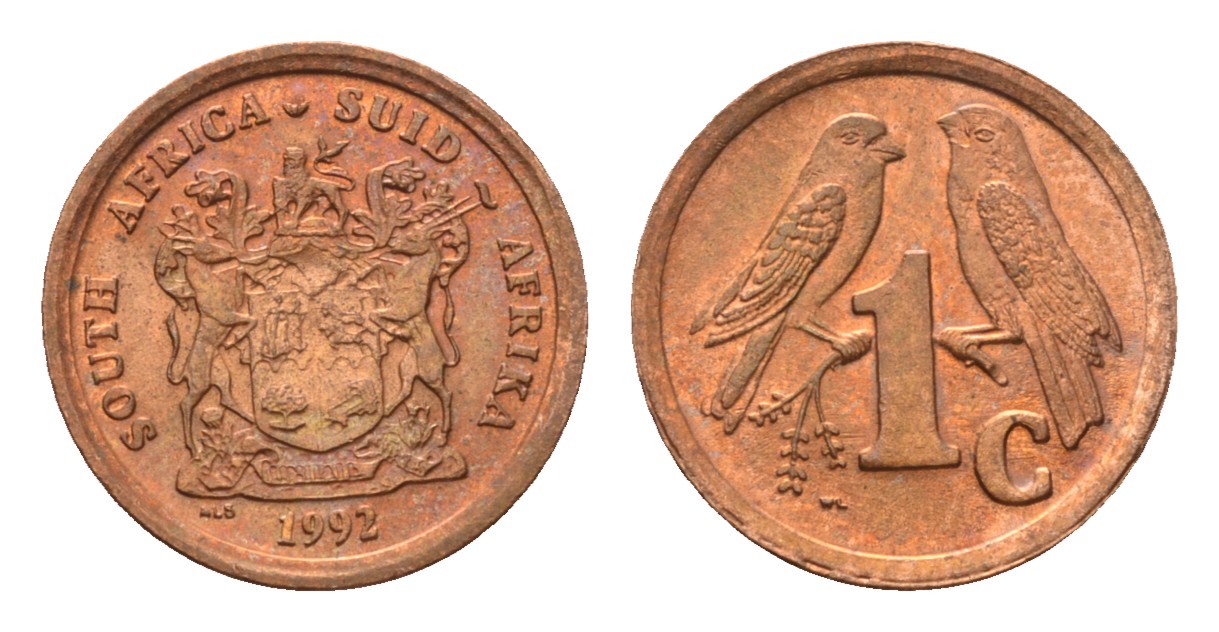 ЮАР 1 цент 1992 герб, капские воробьи KM 132 сталь плакированная медью UNC 4694-111