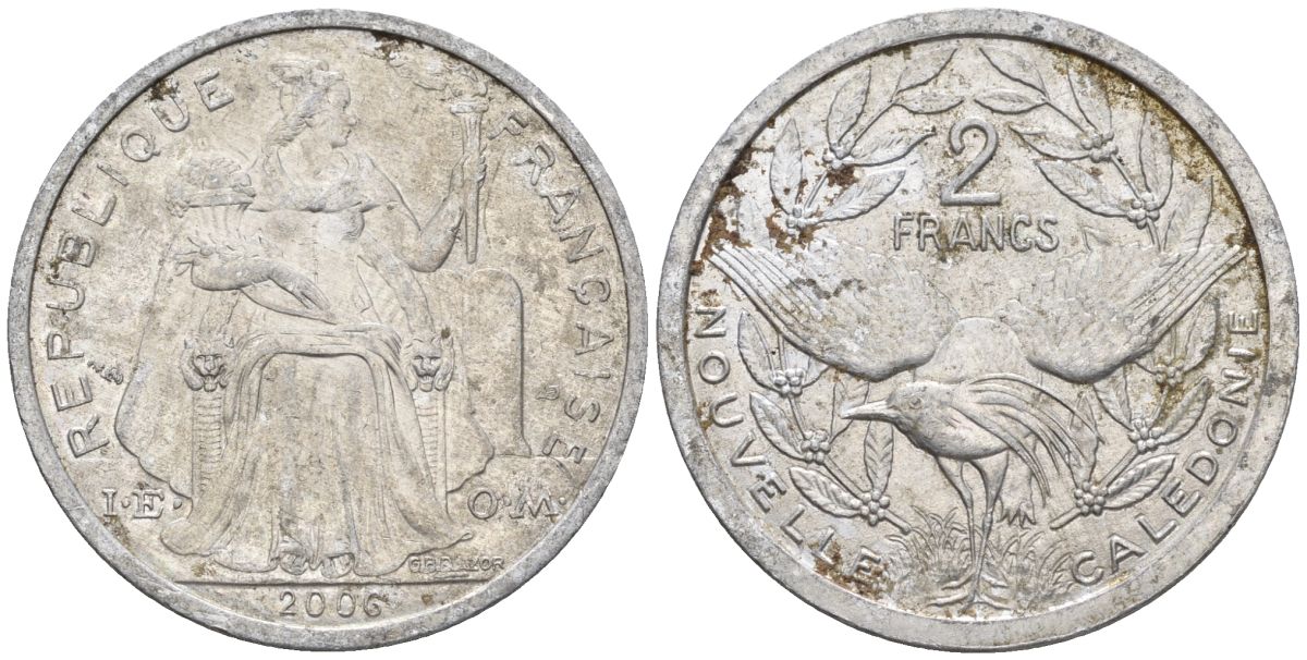 Французская Новая Каледония 2 франка 2006 птица кагу, (IEOM) KM 14, Schoen 11, Lec 68k алюминий    28-1221