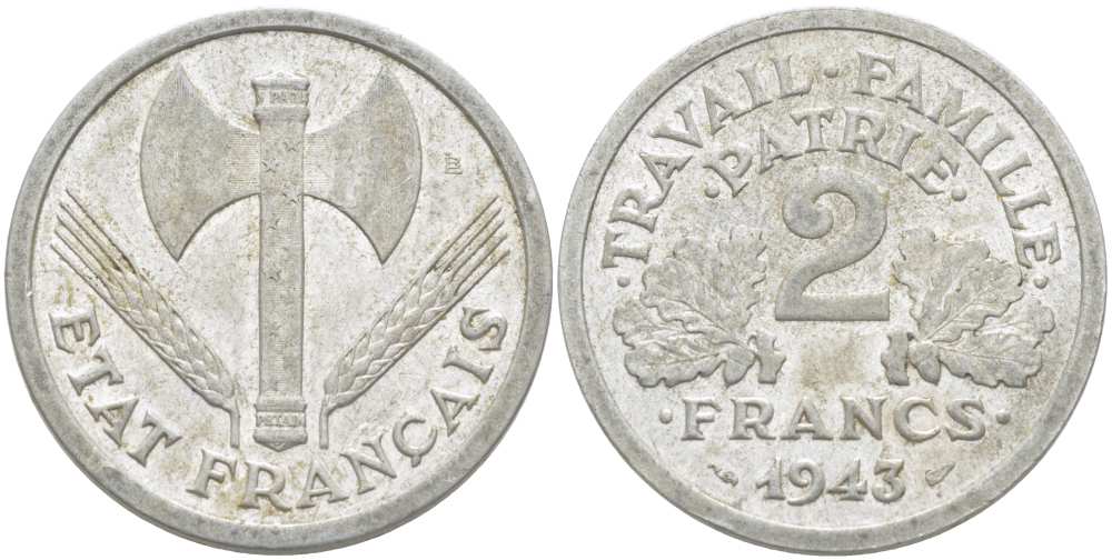 Франция 2 франка 1943 правительство Виши KM 904.1, LE FRANC 270.2 алюминий 215-522