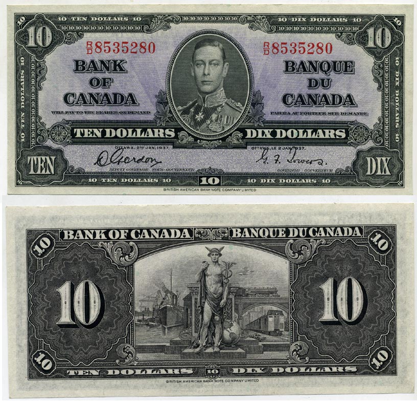 КАНАДА 10 ДОЛЛАРОВ 1937 ГЕОРГ VI, ПОДПИСЬ GORDON-TOWERS, BABNC Pick 61b бумага аUNC 000-000-00