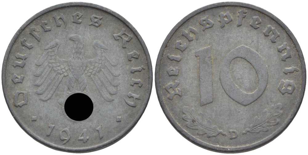 ГЕРМАНИЯ 10 РЕЙХСПФЕННИГОВ 1941 D KM 101, J. 371 цинк 4401-714