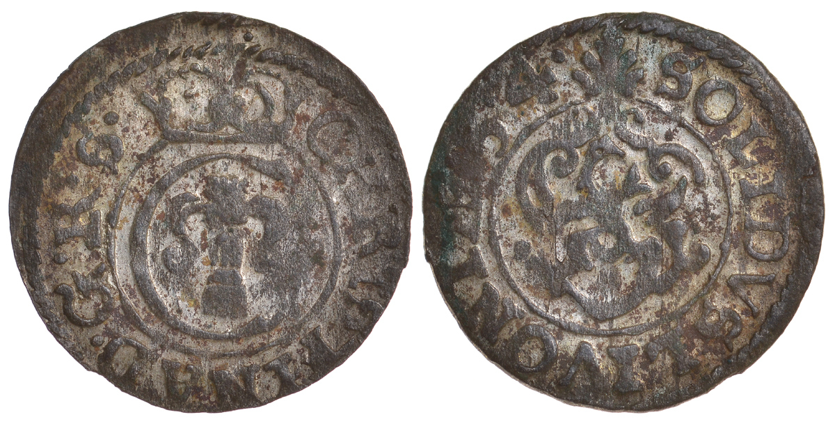 Ливония, шведская оккупация солид (шиллинг) 1654 Кристина KM 2 серебро 1527-932