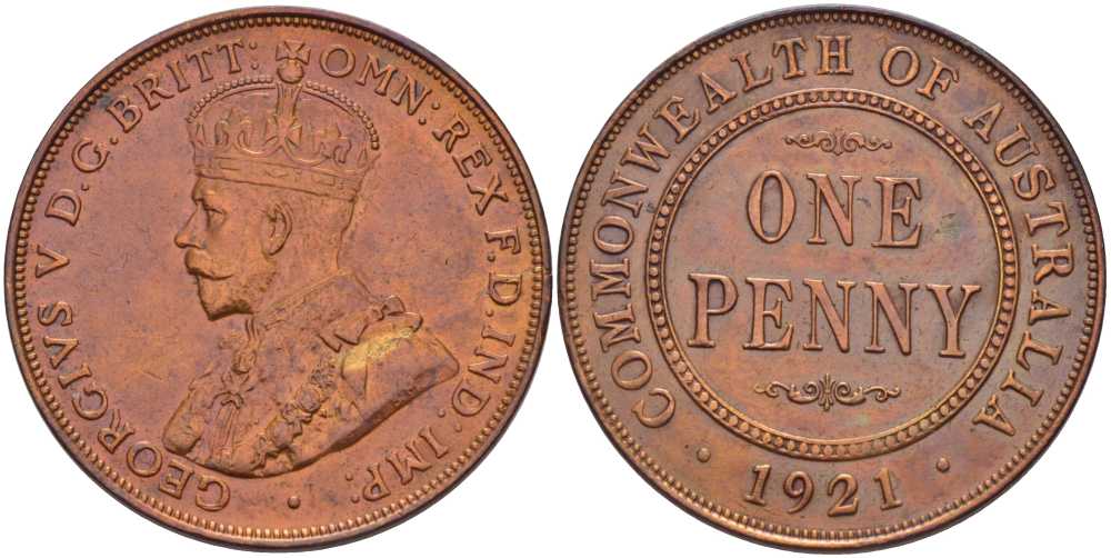 АВСТРАЛИЯ 1 ПЕННИ 1921 ГЕОРГ V (1910-1936) KM 23 бронза 441-824