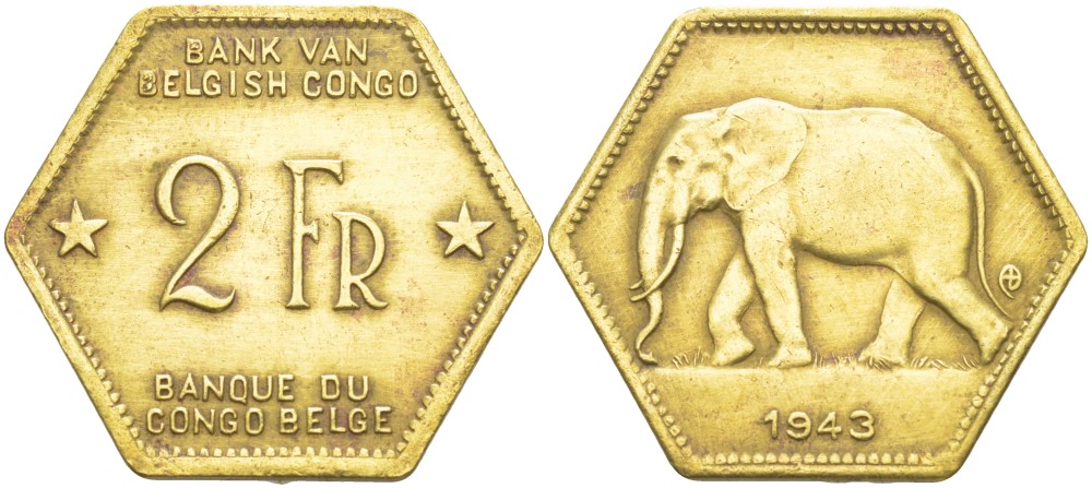 Бельгийское Конго 2 франка 1943 слон, шестиугольная, год тип KM 25 латунь 4541-944