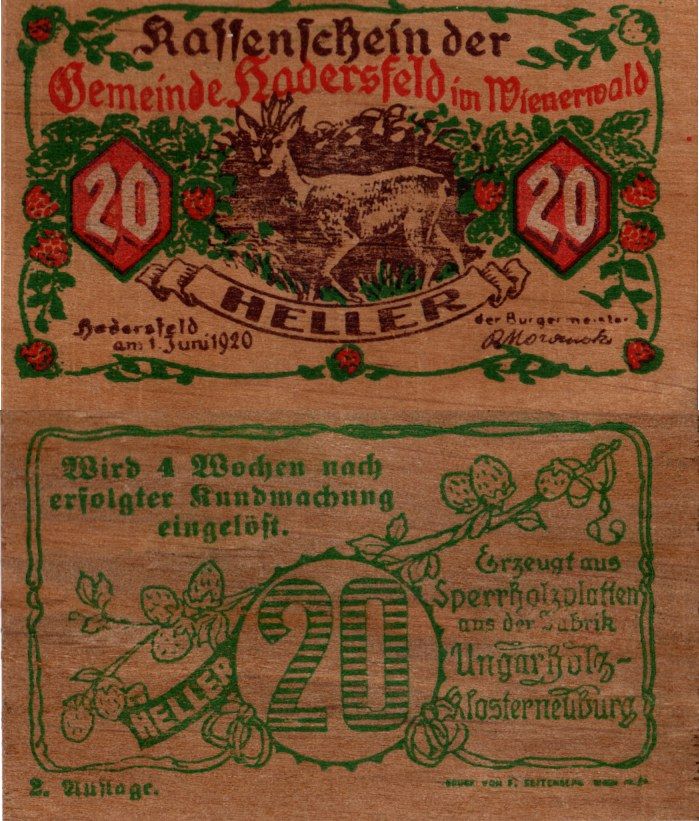 Австрия, Хадерсфельд 20 геллеров 1920 дерево 451-1112-1
