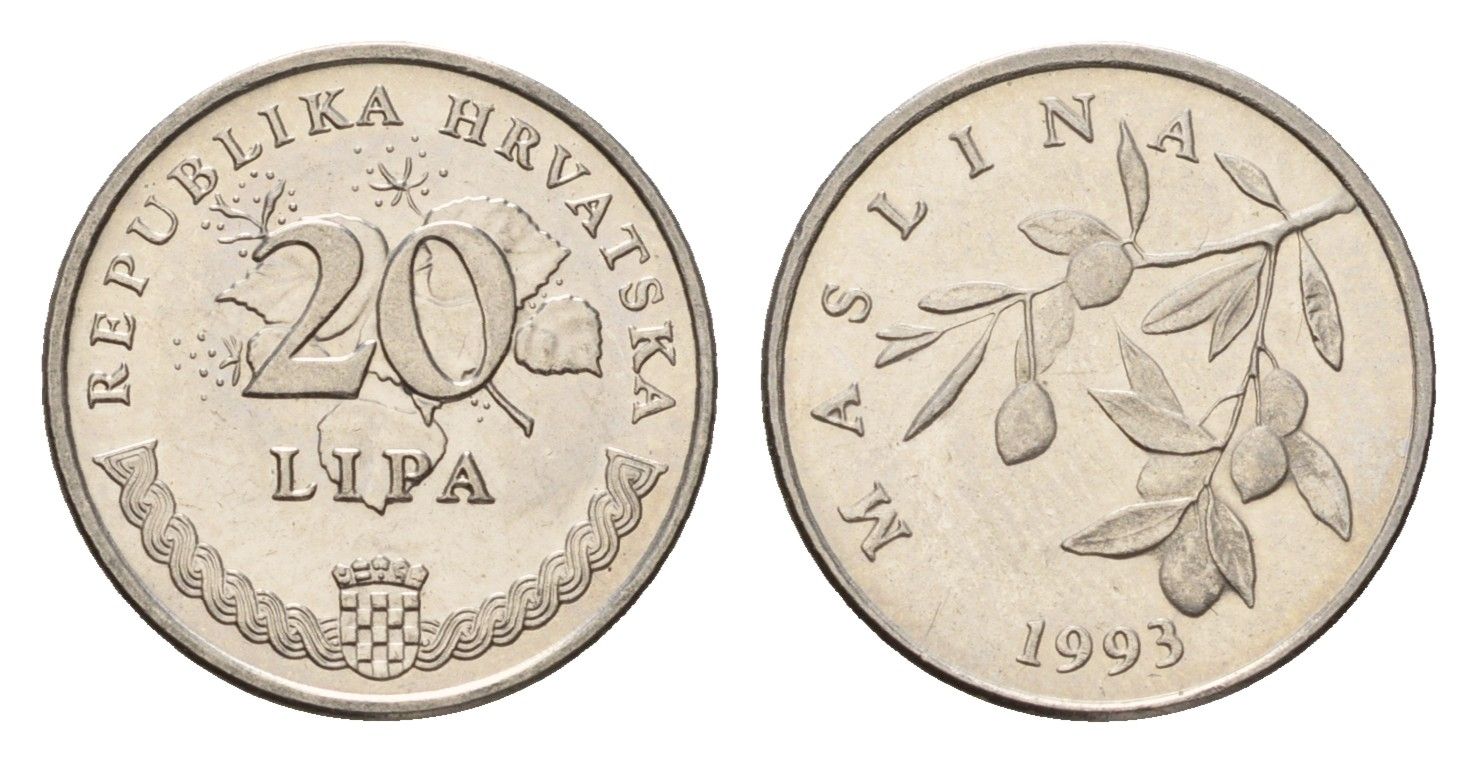Хорватия 20 кун 1993 олива, легенда на хорватском KM 7 сталь плакированная никелем UNC 4618-525