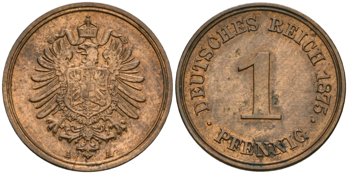 Германия 1 пфенниг 1875 A, Вильгельм I (1871-1888) KM 1, J. 1 медь aUNC 1525-121