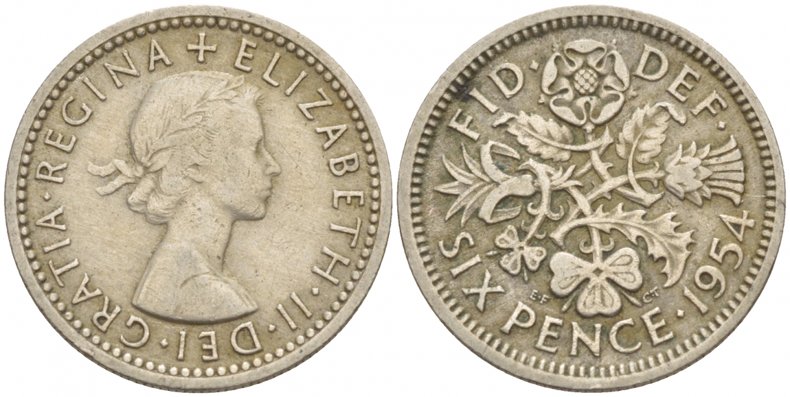 Великобритания 6 пенсов 1954 Елизавета II (1952-2022) KM 903, Spink 4149 медно-никель 4528-915