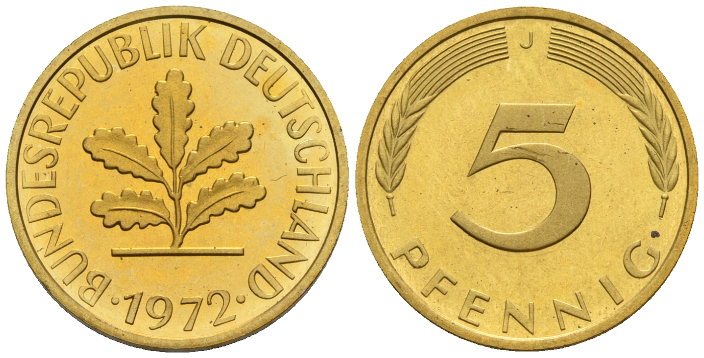 ФРГ 5 пфеннигов 1972 J KM 107, J.382 сталь плакированная латунью PROOF 00-00
