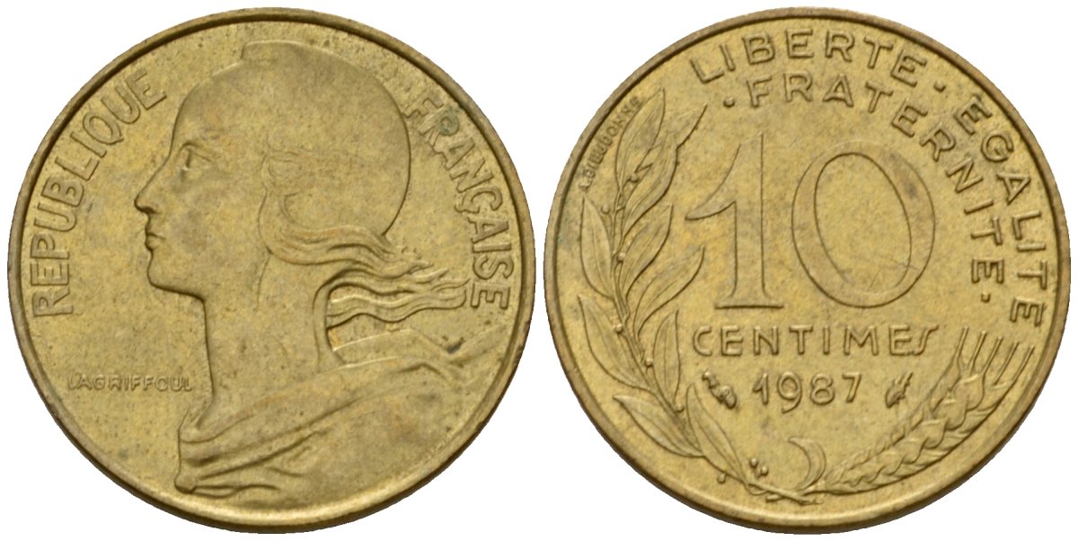 Франция 10 сантимов 1987 тип Marianne KM 929 алюминиевая бронза 4391-1012