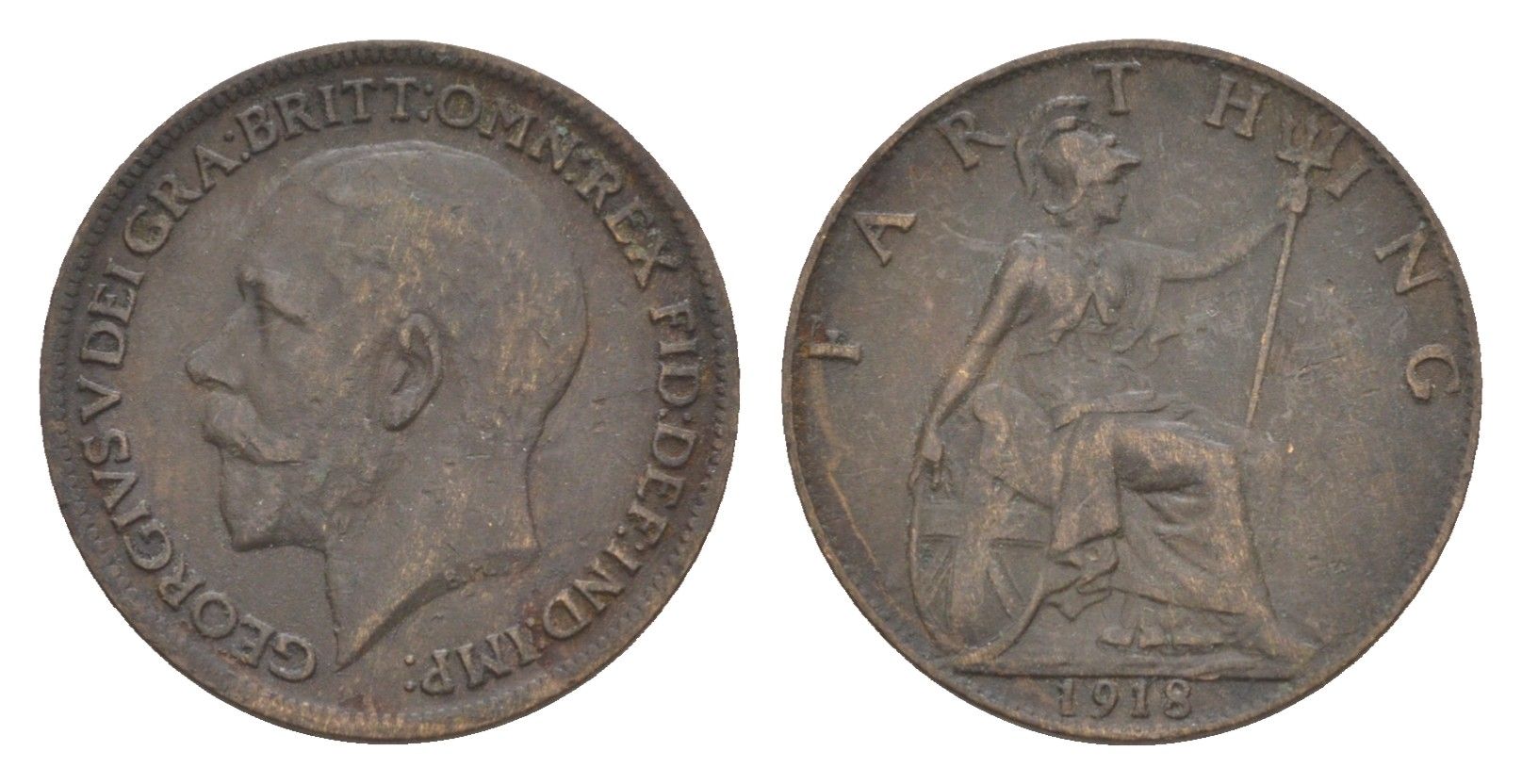 Великобритания 1 фартинг 1918 Георг V (1910-1936) KM 808.2, Spink 4060 бронза 4630-1156