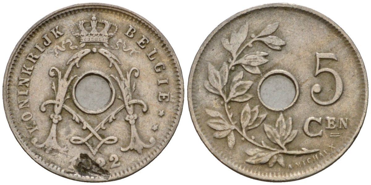 Бельгия 5 сантимов 1922 Belgie KM 67 медно-никель 3955-1156