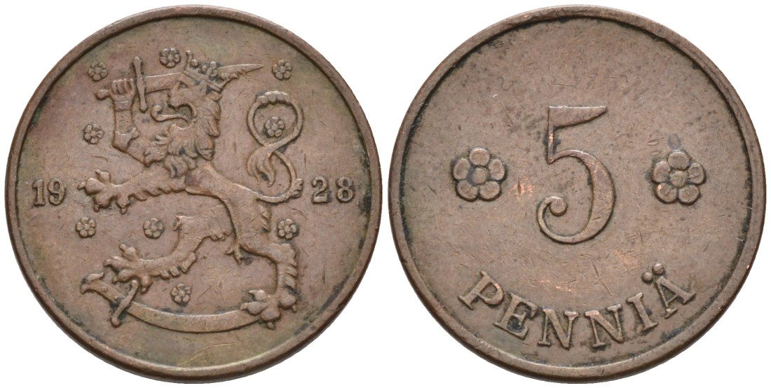ФИНЛЯНДИЯ 5 ПЕННИ 1928 KM 22 медь 192-1246