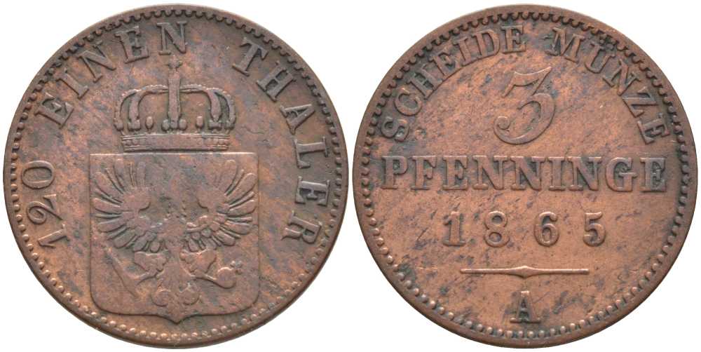 ПРУССИЯ 3 ПФЕННИГА 1865 А, ВИЛЬГЕЛЬМ I (1861-1888) KM 482 медь 117-1116