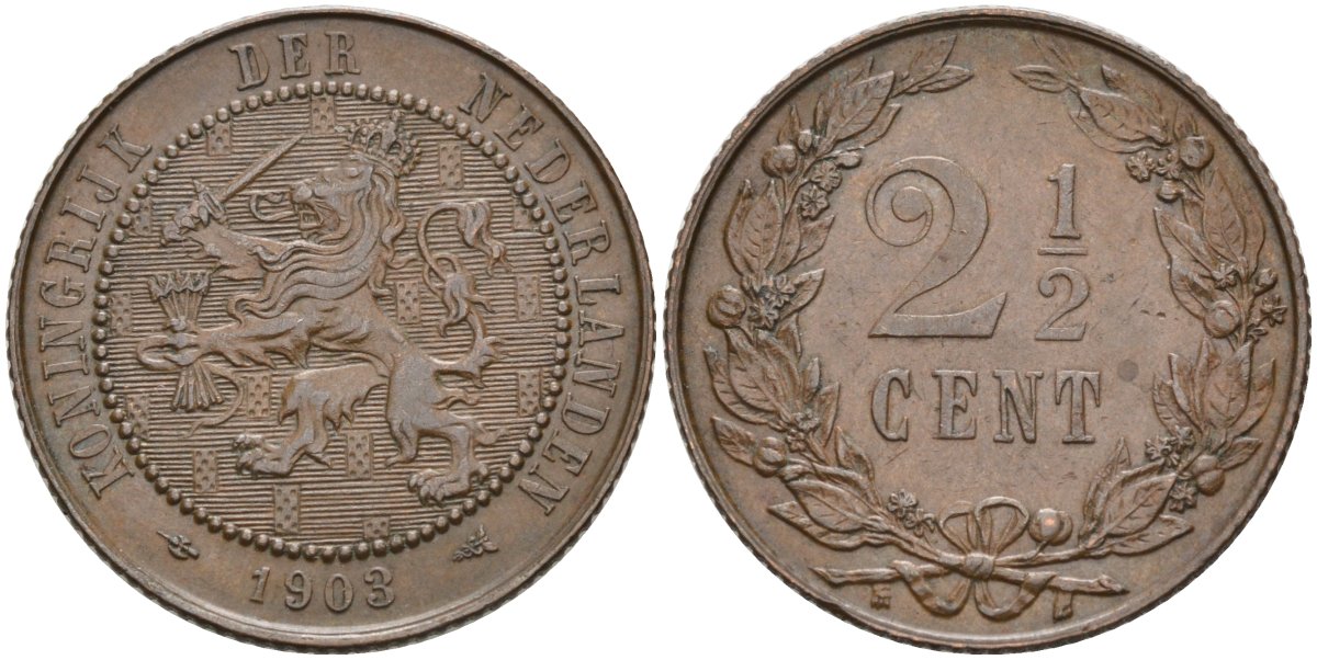 Нидерланды 2 1/2 цента 1903 Вильгельмина (1890-1948) KM 134 бронза 4575-855