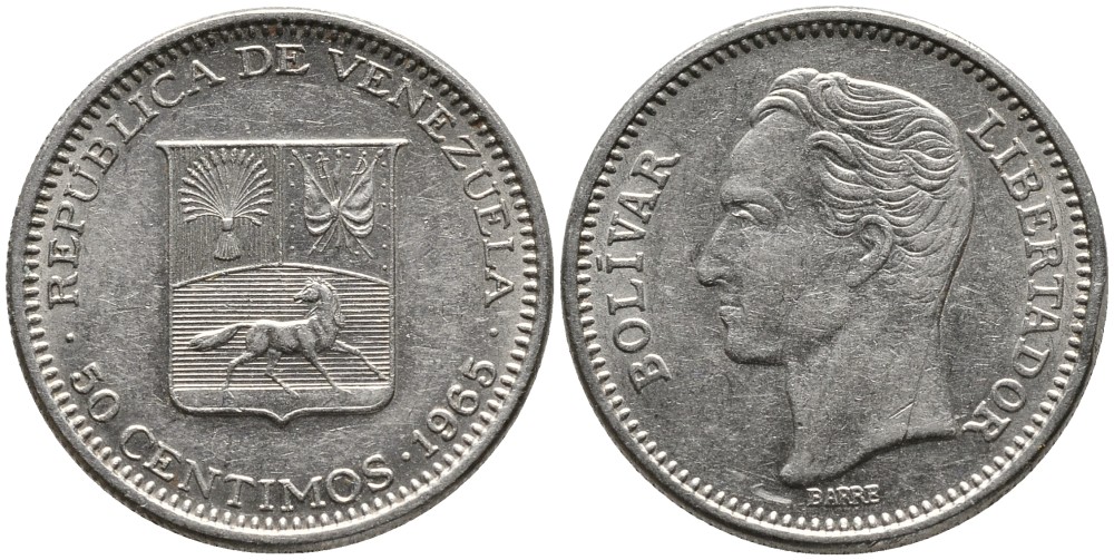 Венесуэла 50 сентимо 1965 Симон Боливар KM 41, Schon 51 никель 4532-269