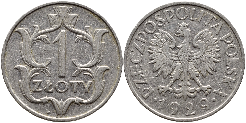 ПОЛЬША 1 ЗЛОТЫЙ 1929 w KM 14 никель 4389-1013