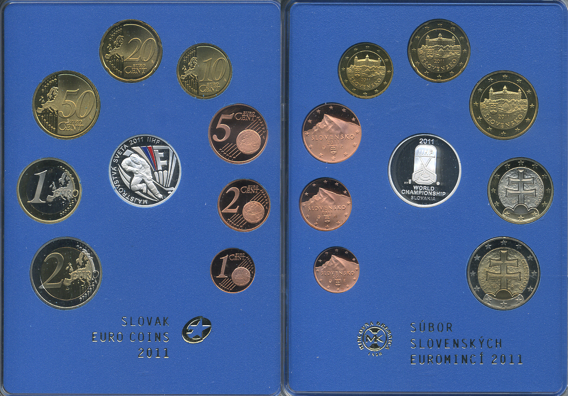 Словакия евронабор из 8 монет + жетон 2011 Чемпионат мира по хоккею с шайбой, в пластике, и оригинальном картонном буклете PROOF 1-4-2-18