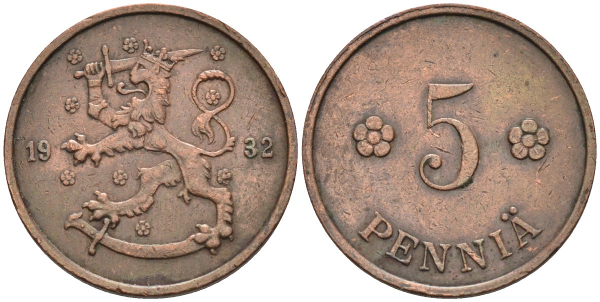 Финляндия 5 пенни 1932 KM 22 медь 96-432